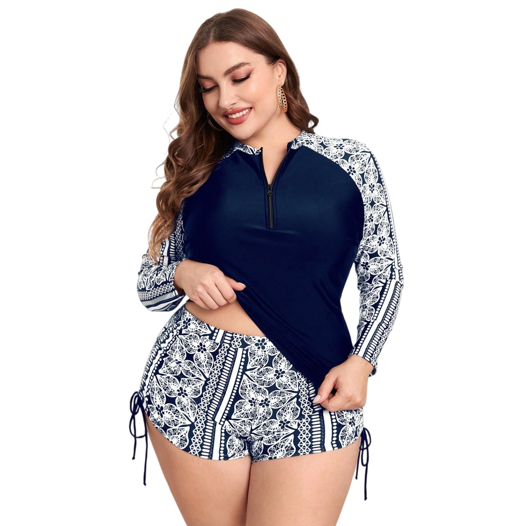 Plus Size Rash Guard Swimsuit Set Long Sleeve Patchwork Push Up 2 Piece Swimwear